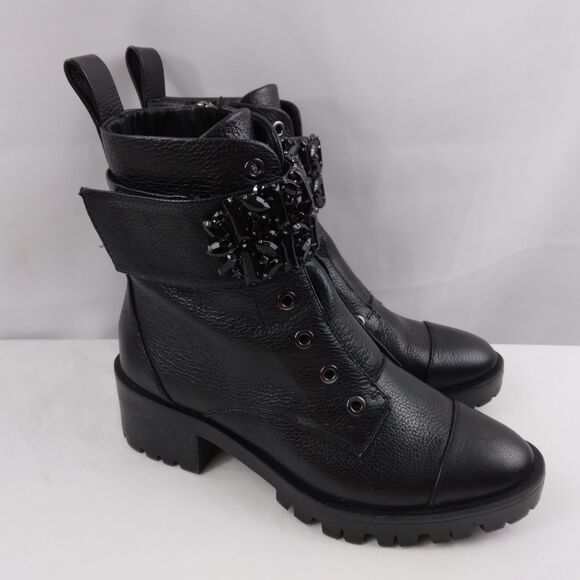 Karl Lagerfeld Shoes - Karl Lagerfeld PIPPA Black Pebbled Leather Rhinestone Combat Boots Size 6M